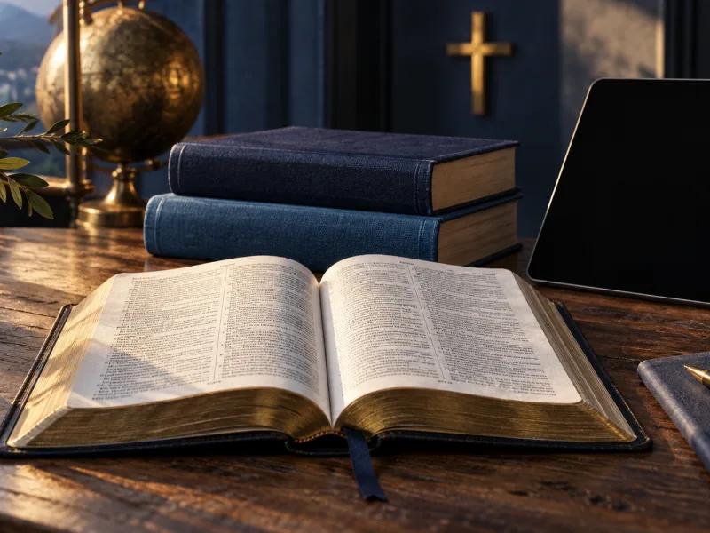 Illustration des traductions bibliques : Bible ouverte, volumes reliés et tablette.