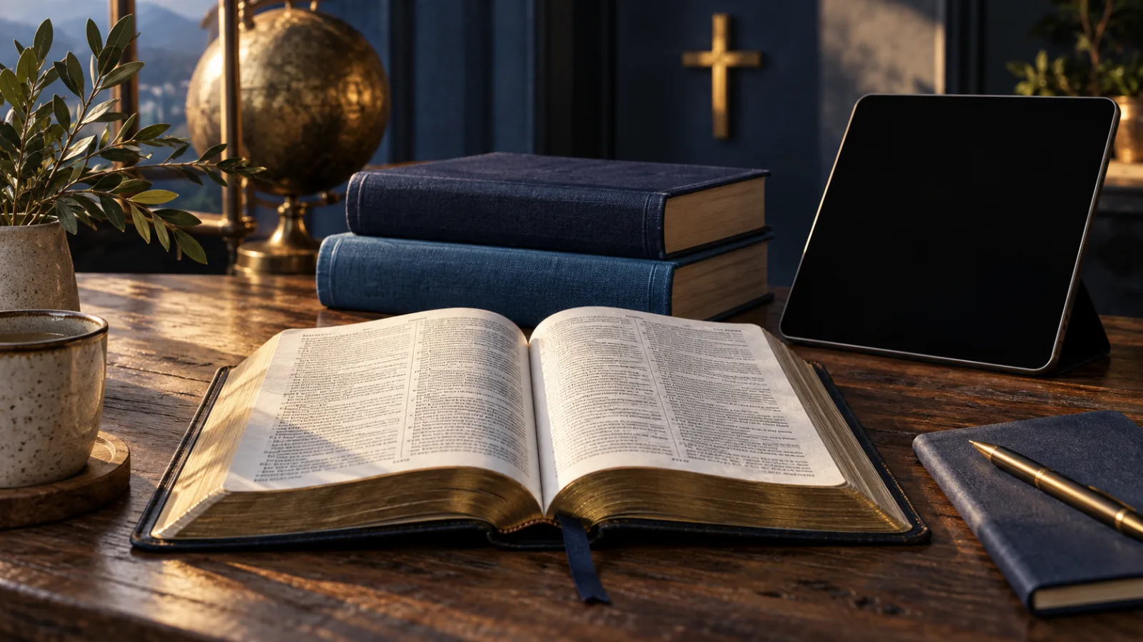 Illustration des traductions bibliques : Bible ouverte, volumes reliés et tablette.
