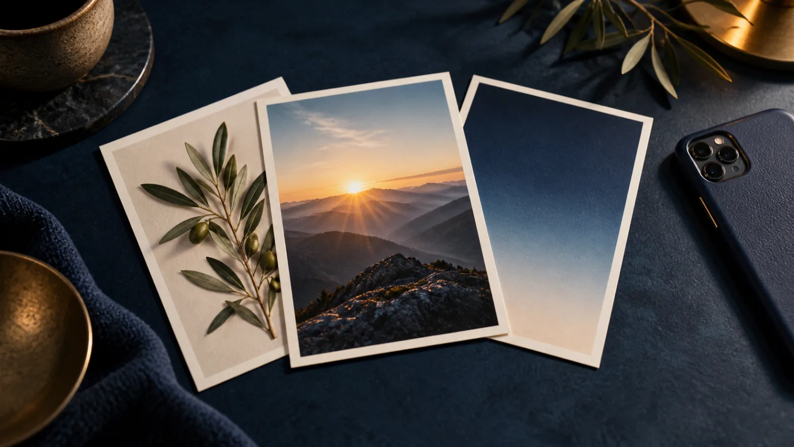 Illustration du partage de versets : cartes de paysage et de feuillage près d’un téléphone.