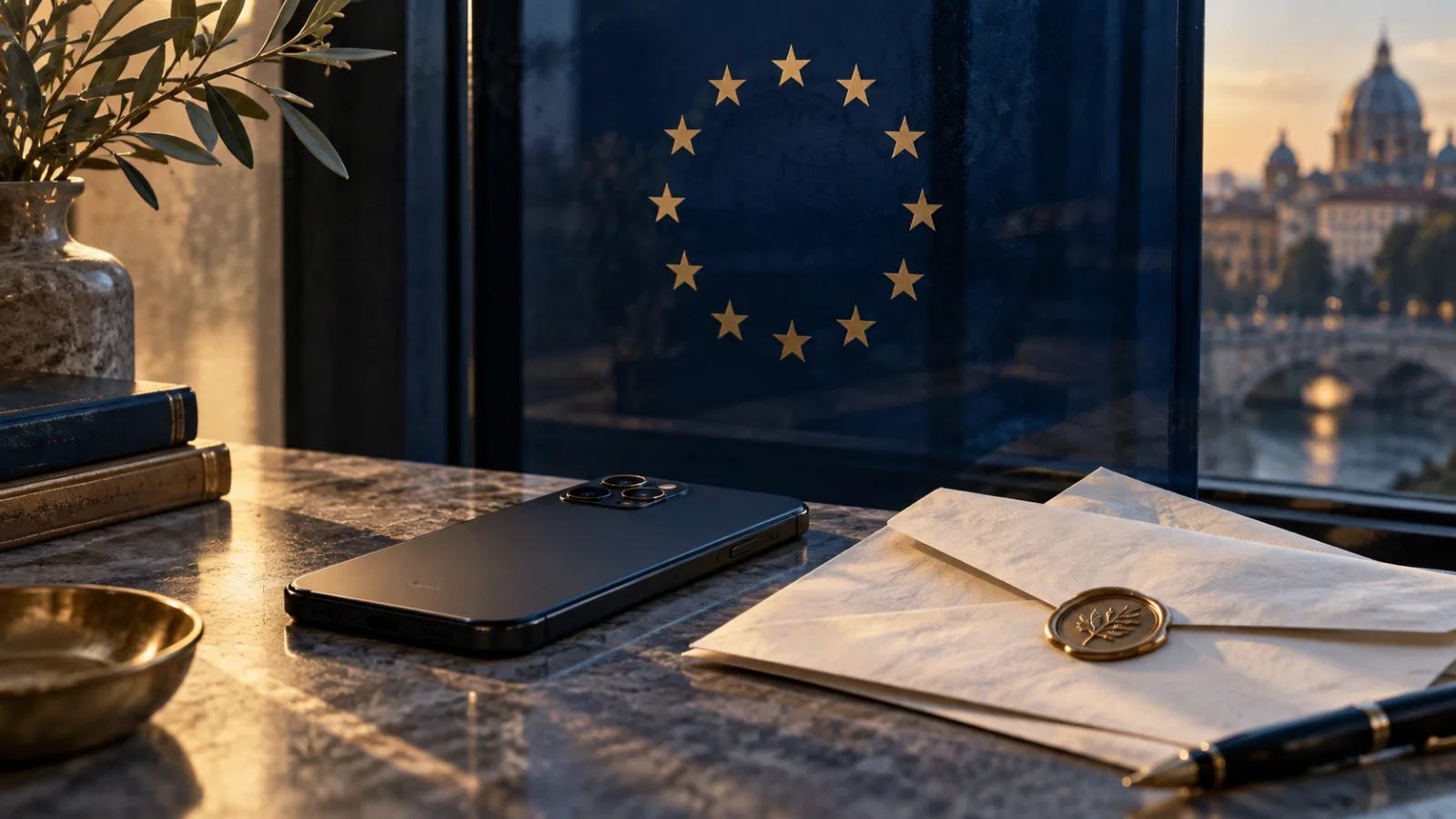 Illustration du débat sur la confidentialité en Europe : étoiles dorées, téléphone et correspondance.