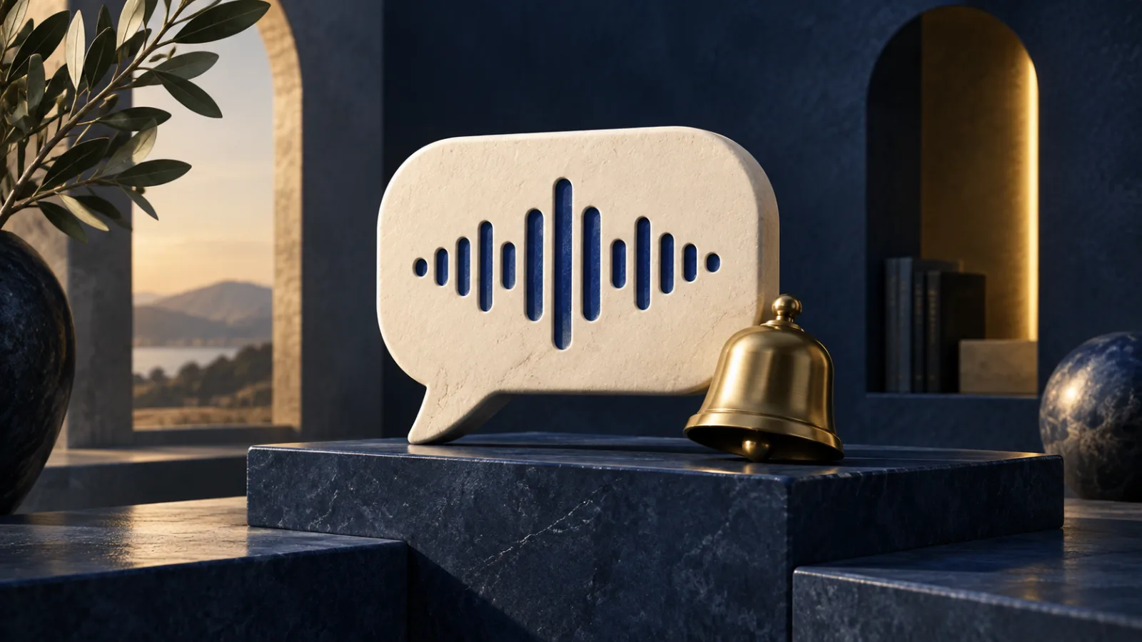 Illustration des messages vocaux et notifications : bulle audio et cloche dorée.