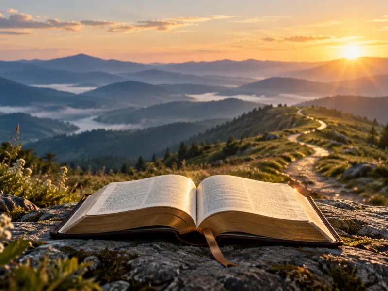 Illustration d’un parcours biblique : Bible ouverte devant un chemin vers les collines.