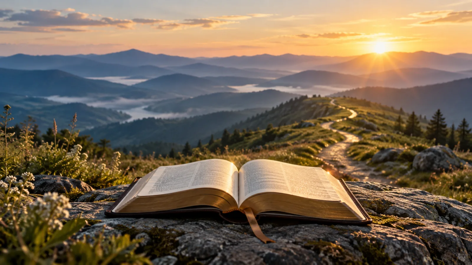 Illustration d’un parcours biblique : Bible ouverte devant un chemin vers les collines.