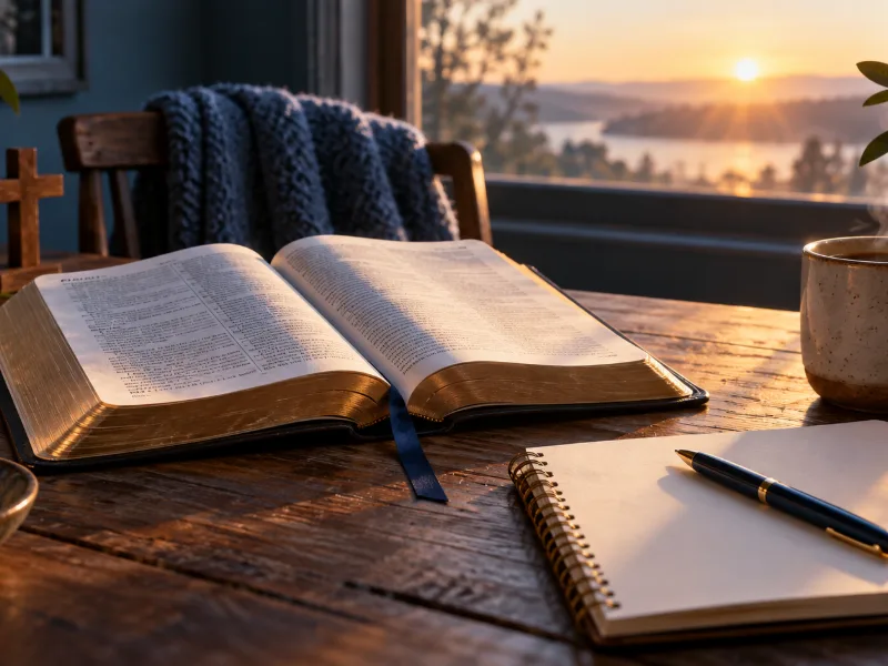 Illustration d’une dévotion matinale : Bible ouverte et carnet à la lumière du soleil.