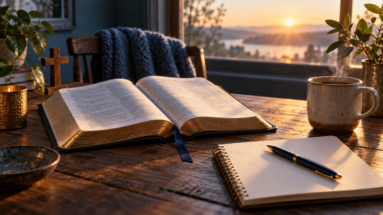 Illustration d’une dévotion matinale : Bible ouverte et carnet à la lumière du soleil.