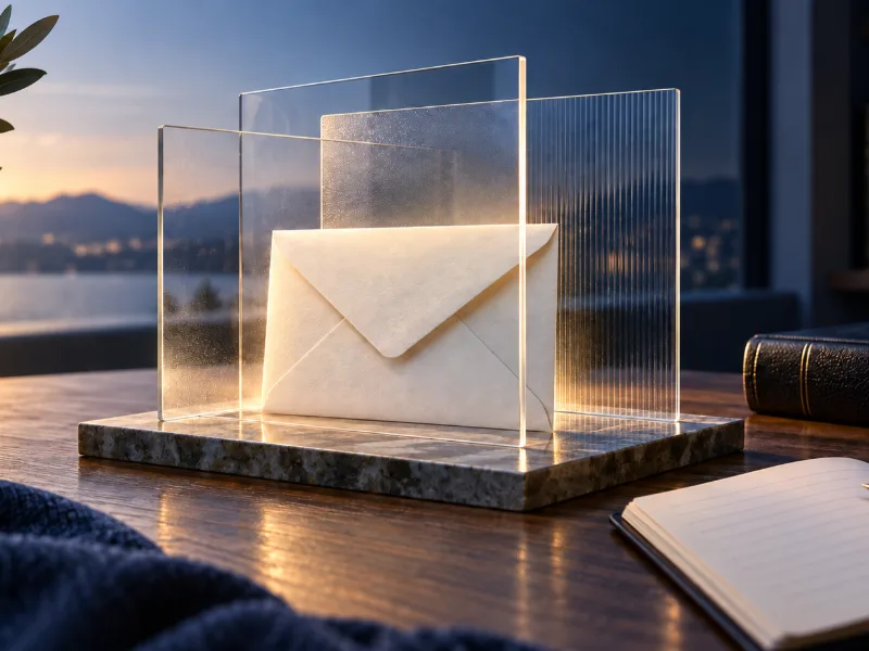 Illustration de la transparence : une enveloppe entre plusieurs panneaux de verre.