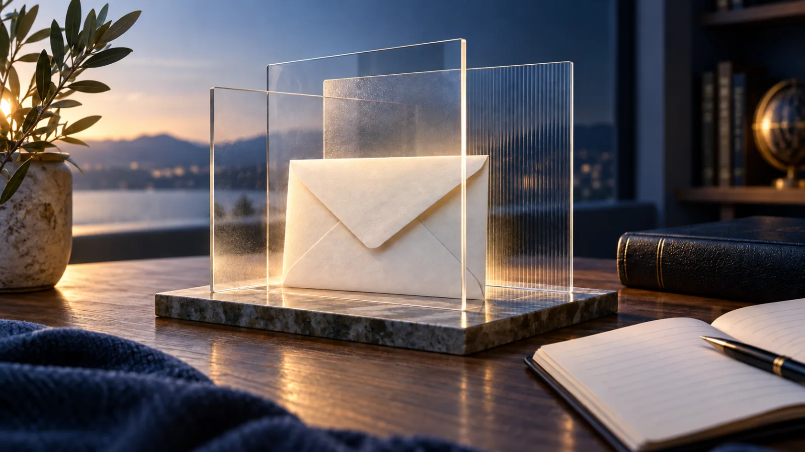 Illustration de la transparence : une enveloppe entre plusieurs panneaux de verre.