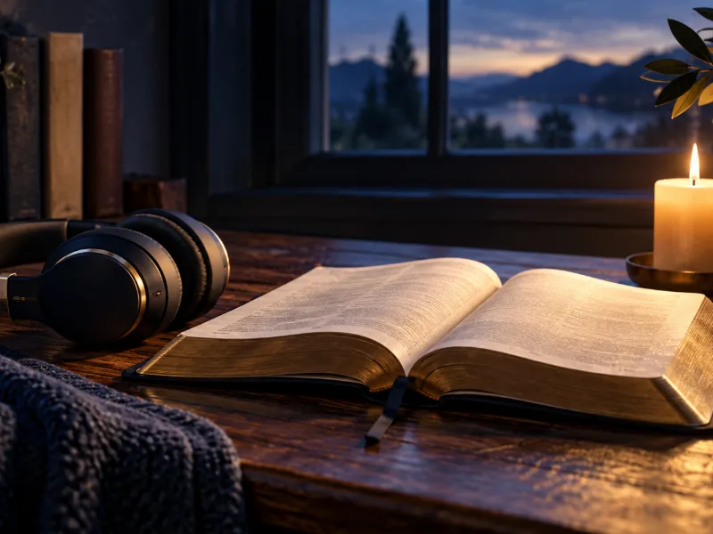 Illustration d’un temps de méditation : casque audio, Bible ouverte et bougie.
