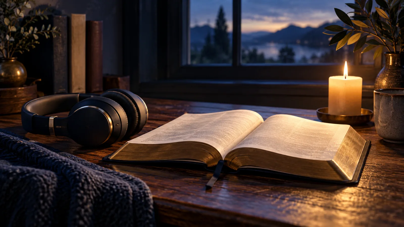 Illustration d’un temps de méditation : casque audio, Bible ouverte et bougie.