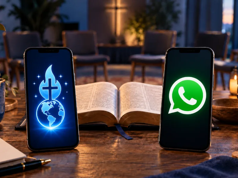 Illustration comparative : logos ConnectStar et WhatsApp sur deux téléphones près d’une Bible ouverte.