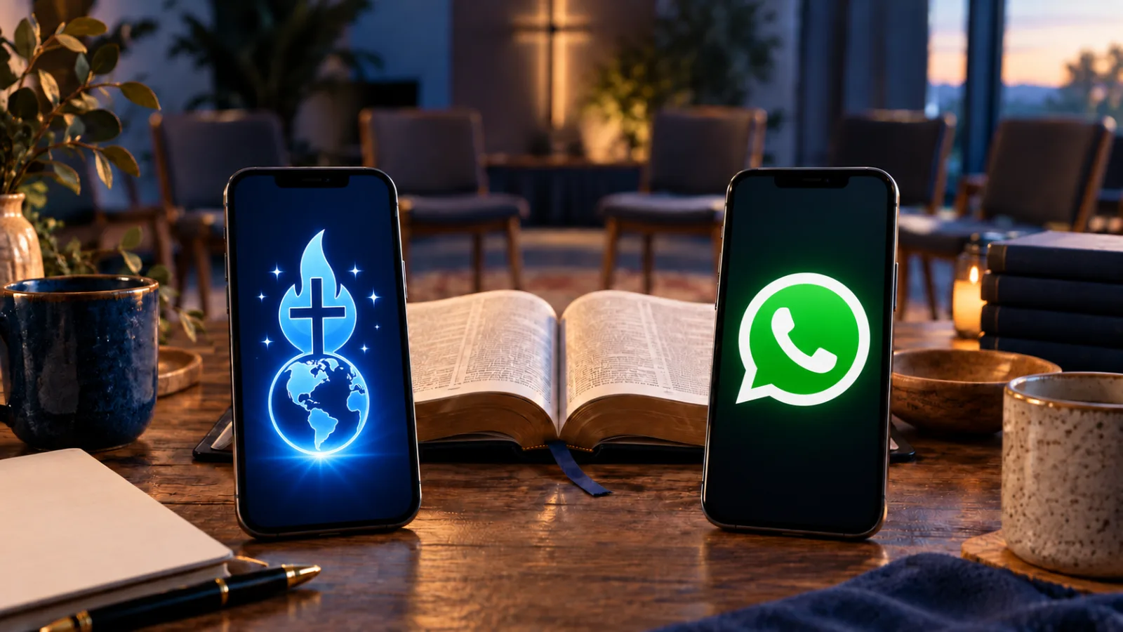 Illustration comparative : logos ConnectStar et WhatsApp sur deux téléphones près d’une Bible ouverte.