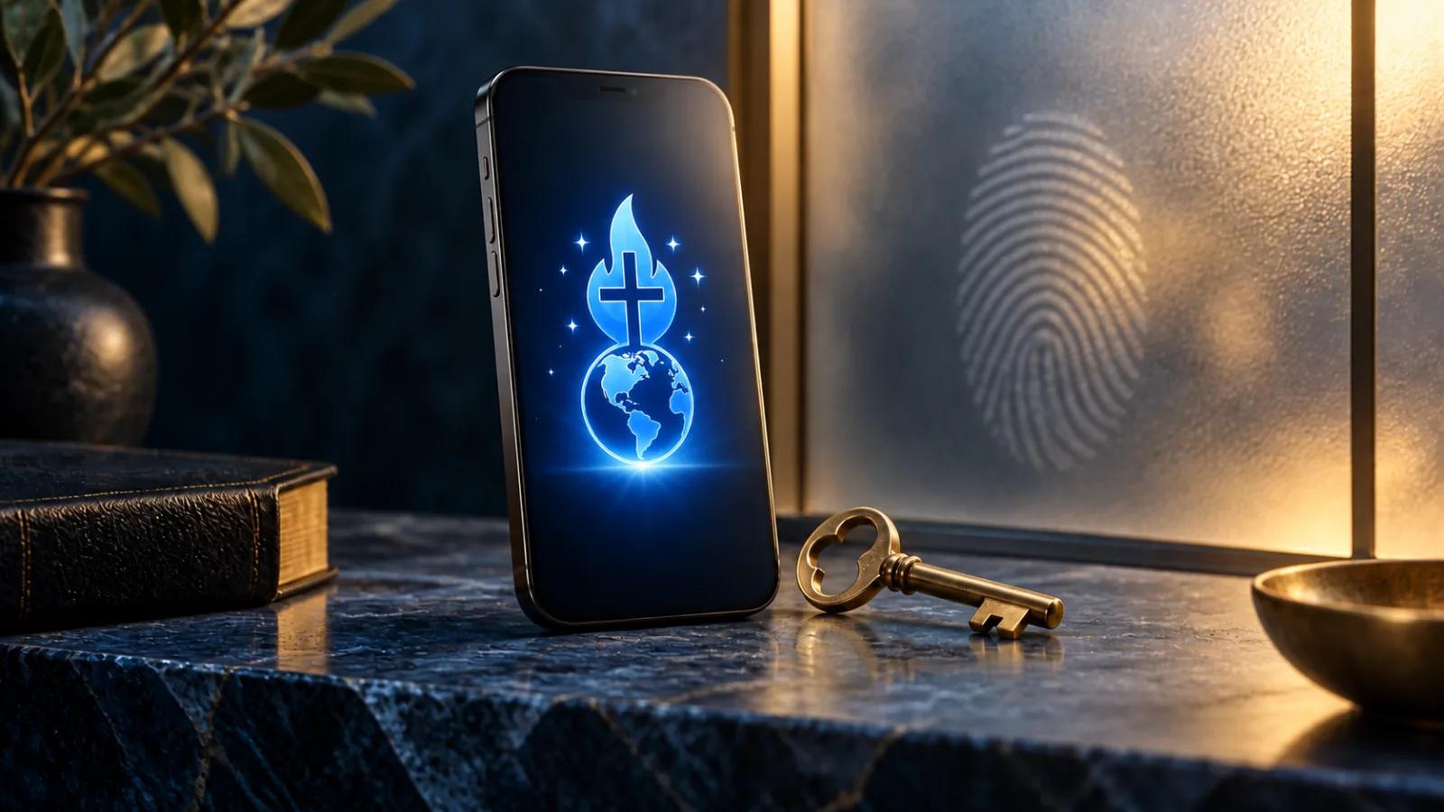 Illustration de la protection des accès : logo ConnectStar sur un téléphone, clé et empreinte sur verre.